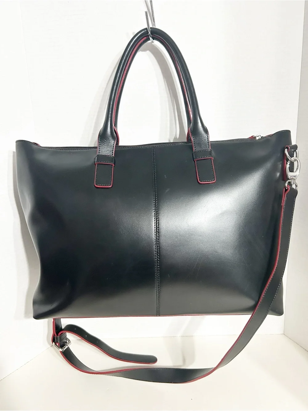 Lodis Black Leather Tote Bag Red Trim Zip Top Shoulder Crossbody Bag Top Handles